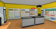 A small, yellow-walled supermarket with grey shelves stacked with products.