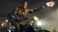 Black Ops 6 character shoots a gun while riding a motorcycle