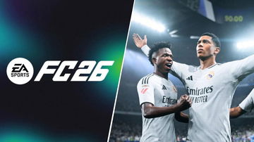 FC 26 logo and Bellingham and Vinicius JR celebrating