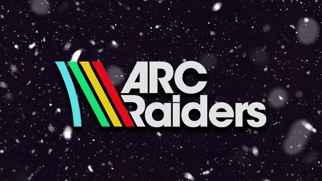 ARC Raiders logo in light beige next to rainbow-colored lines and in front of a snowy purple background.