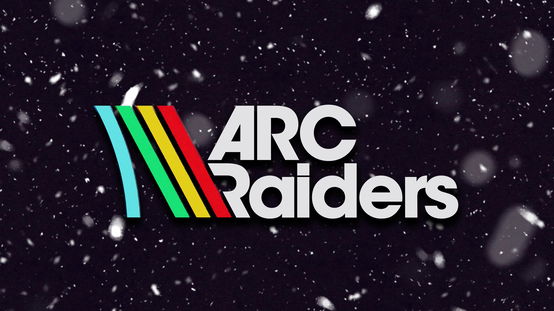 ARC Raiders logo in light beige next to rainbow-colored lines and in front of a snowy purple background.