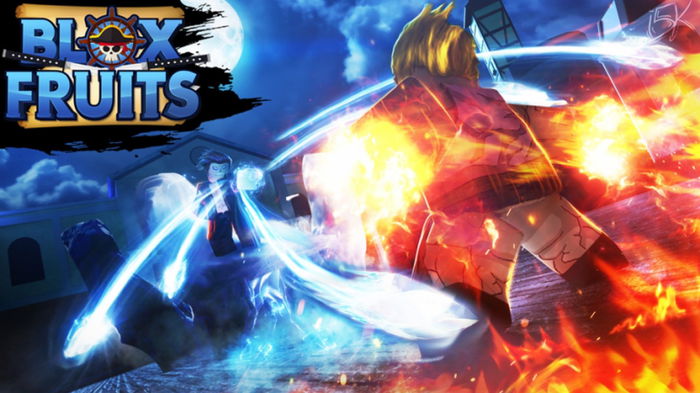 Two devil fruit-empowered characters fight in Blox Fruits.