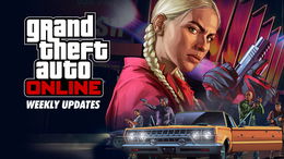 Artwork showing characters in Grand Theft Auto Online, with a car at the bottom of the image.